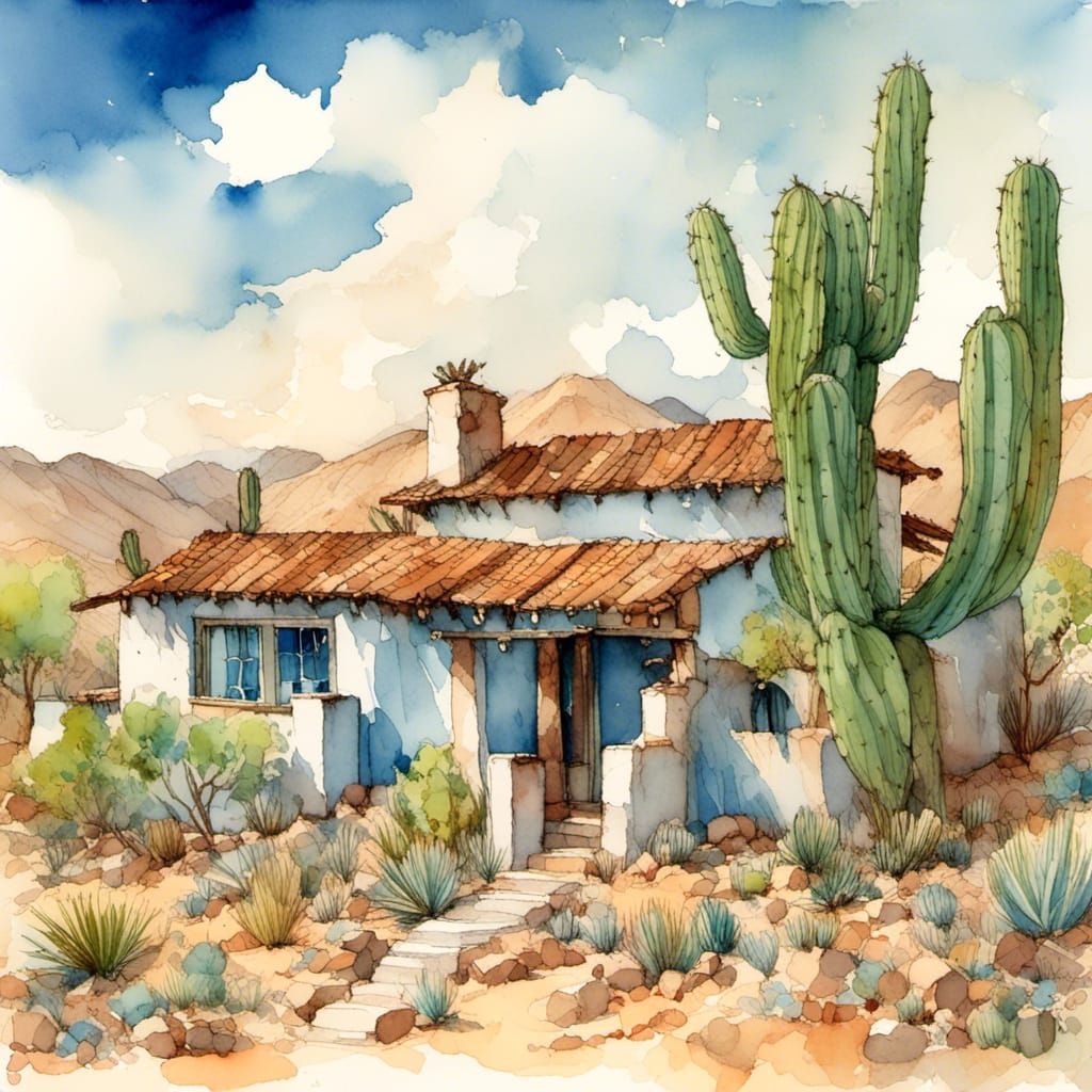 Adobe House in Desert Landscape with Saguaro Cactus
