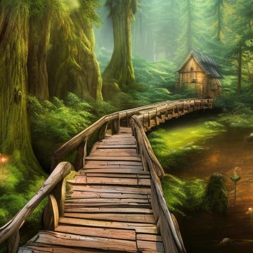 Enchanting Forest Bridge in Anime Key Visual Style