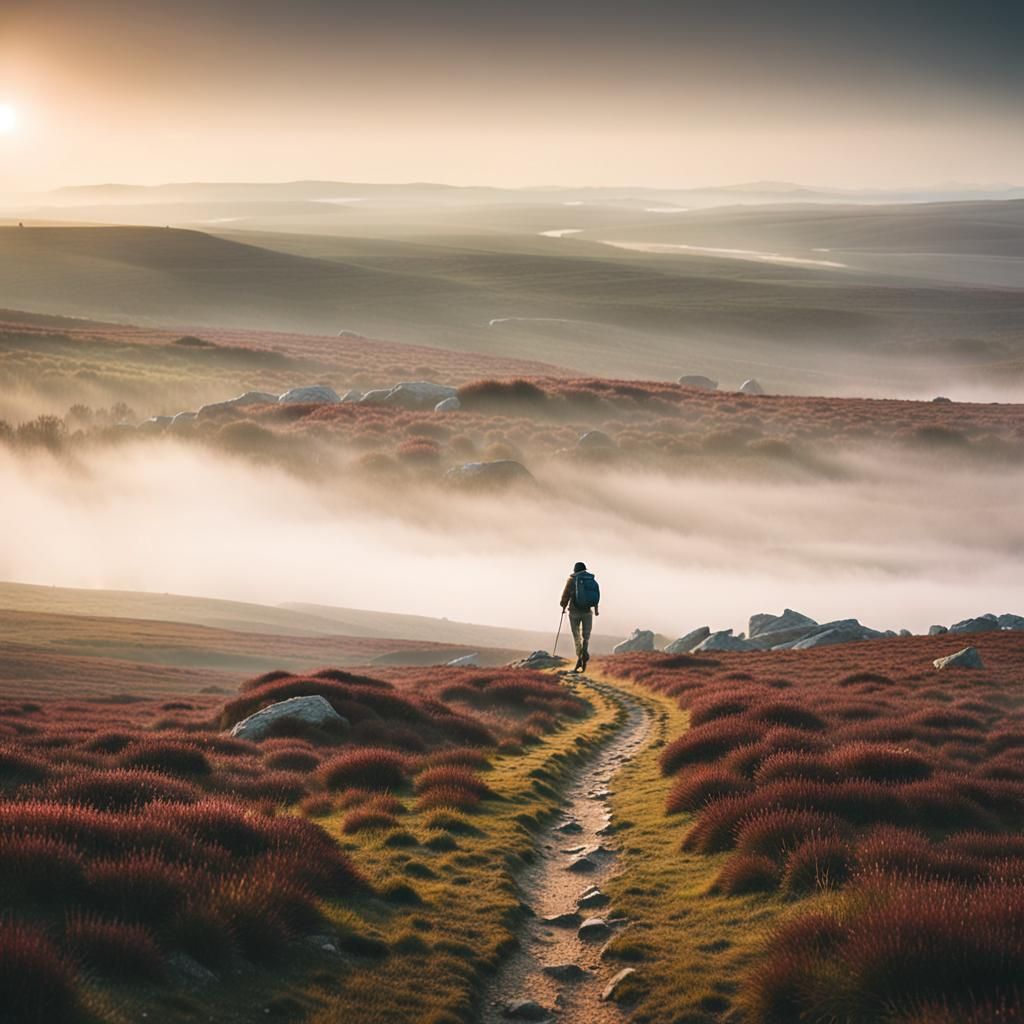Misty Moor Landscape Photography with Lone Hiker