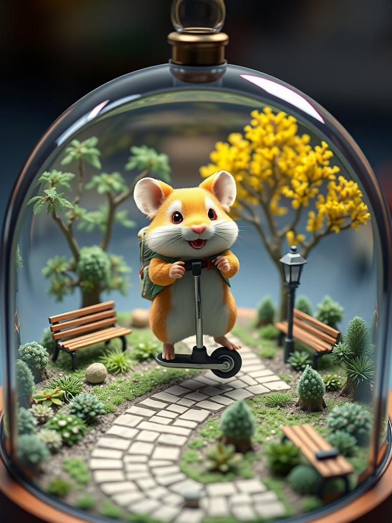 3d caricature of a smiling hamster on tiny Pogo stick