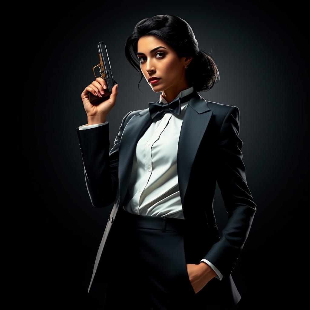 Sultry Femme Fatale in High-Stakes, High-Contrast Bond-Inspi...