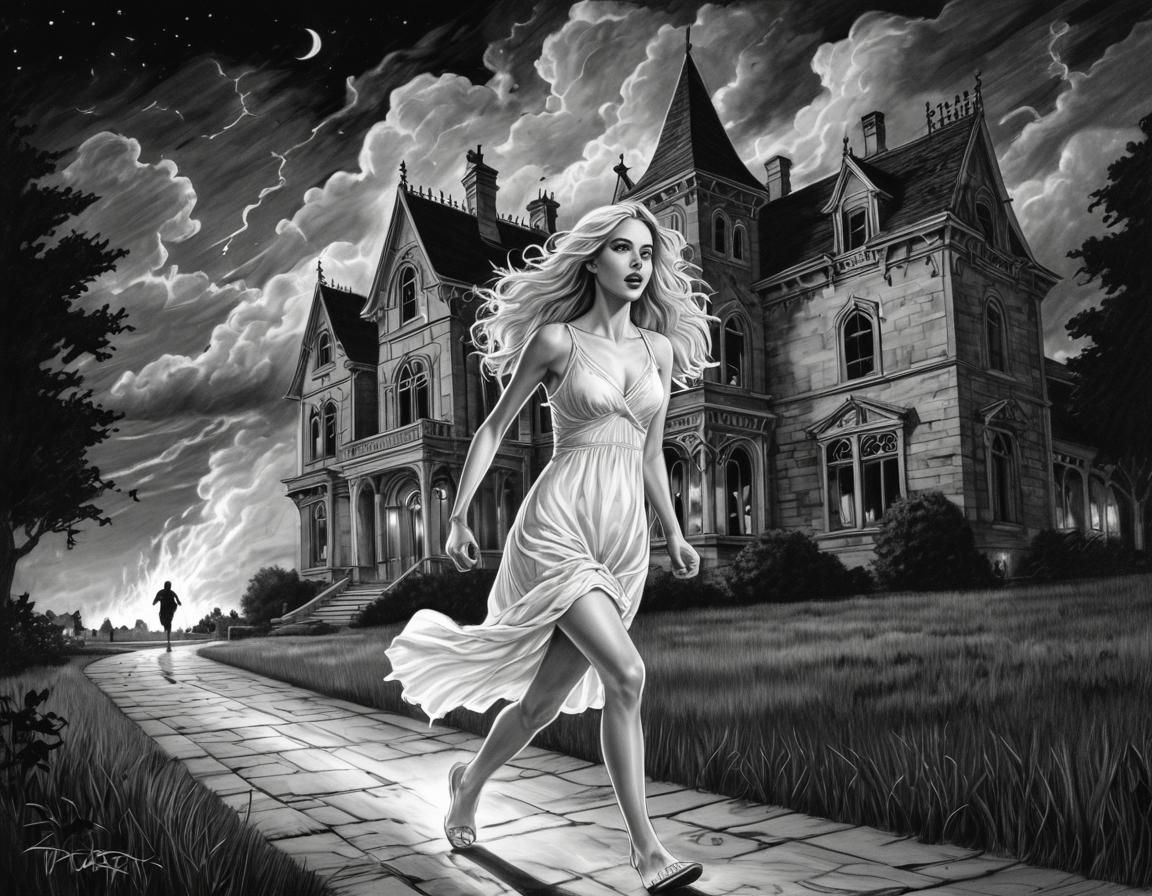 Terrified Woman Runs From Burning Gothic Mansion: Pencil Ske...