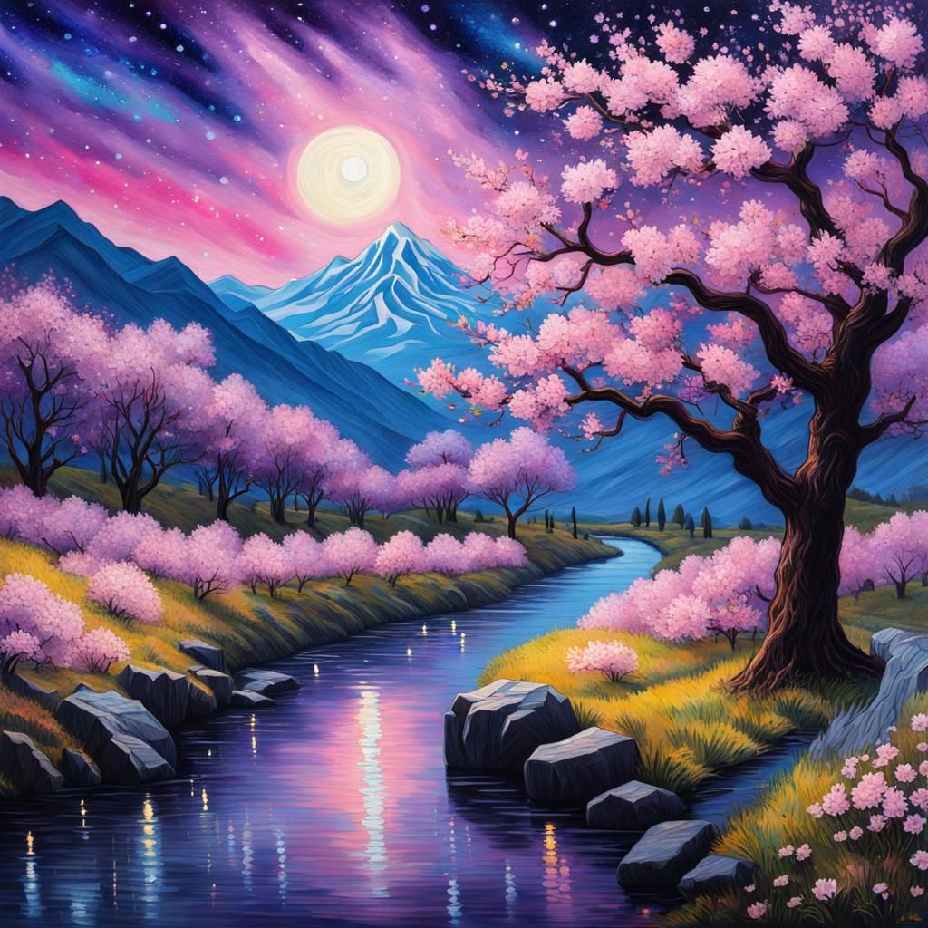 Cherry Blossom Cemetery: Watercolors and Starry Night