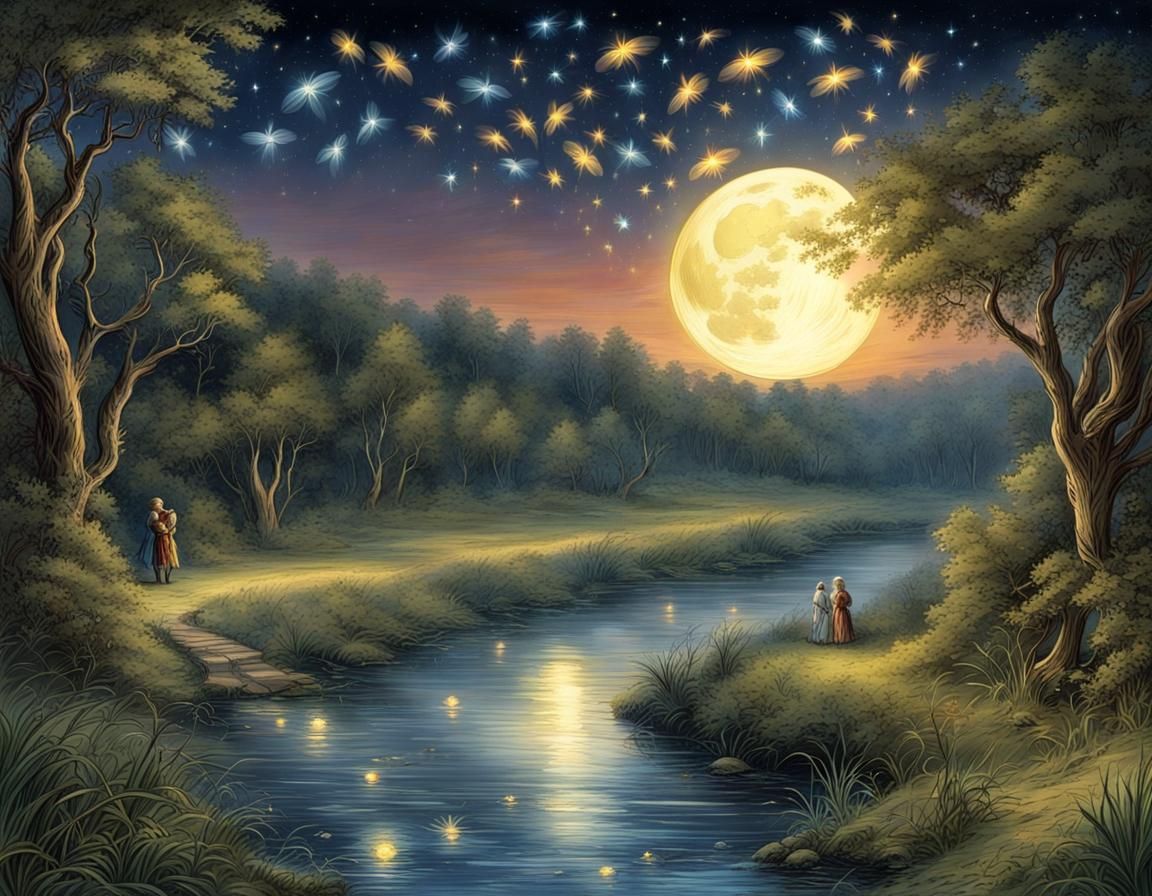 Fireflies Dance Over River Under Jeweled Stars