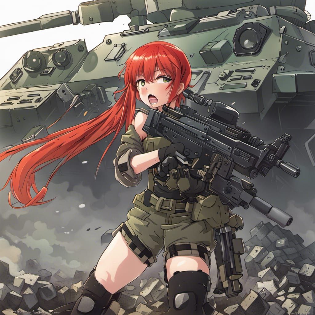 Anime Girl in Combat Gear with Tank