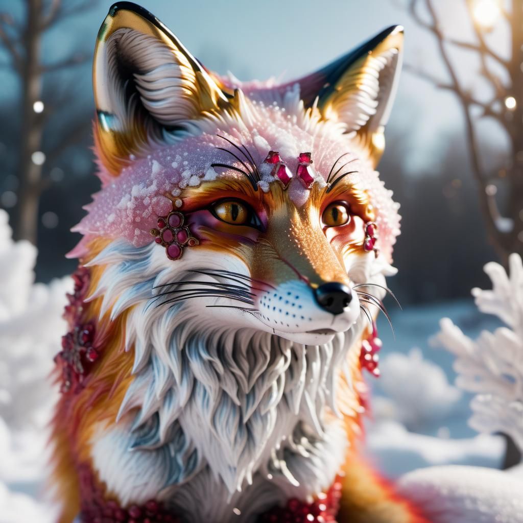 Ruby-Encrusted Fox in Victorian Winter Scene