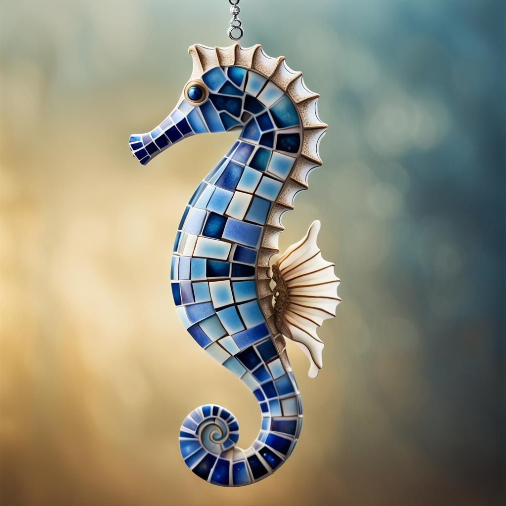 Miniature Azulejo Seahorse in Glistening Water Drop