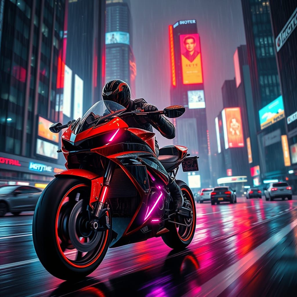Cyberpunk Motorcycle Blurs Through Neon City at Night