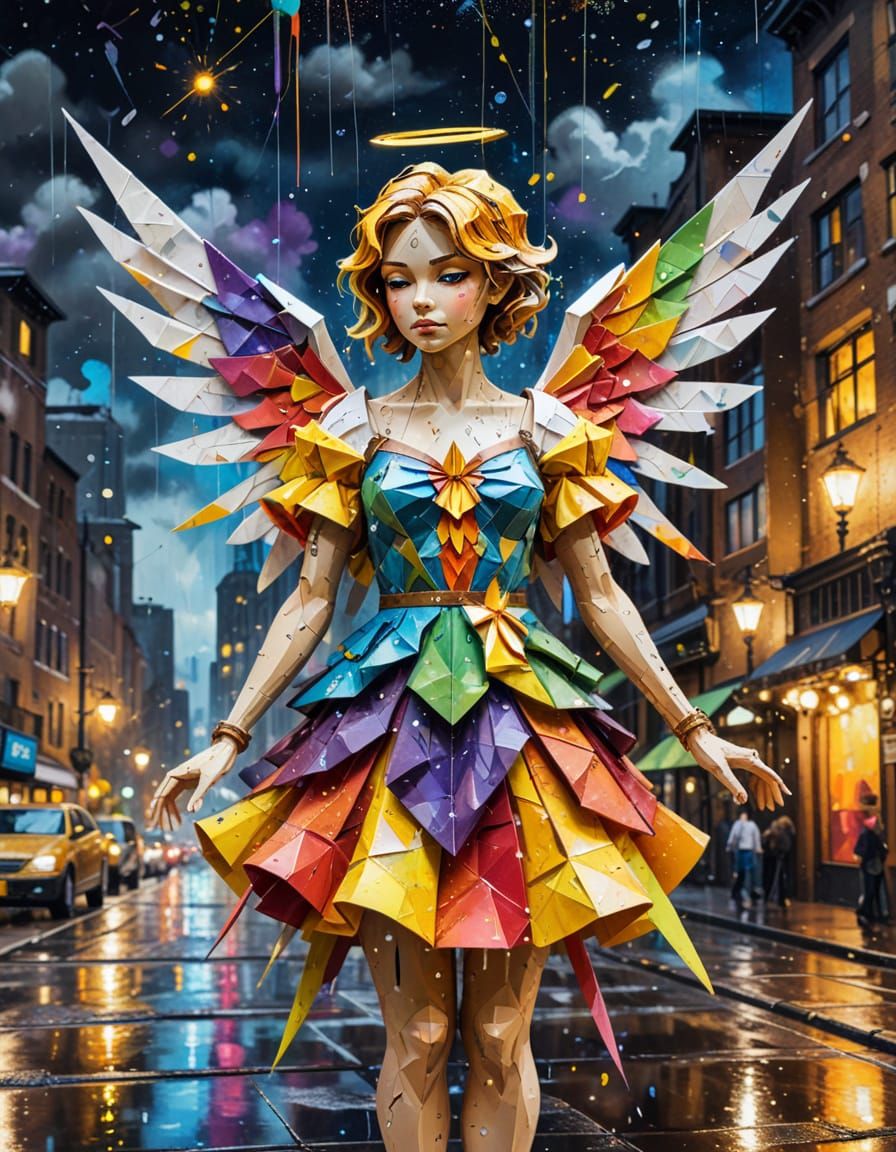 Origami Angel in Steampunk City Papercraft Illustration