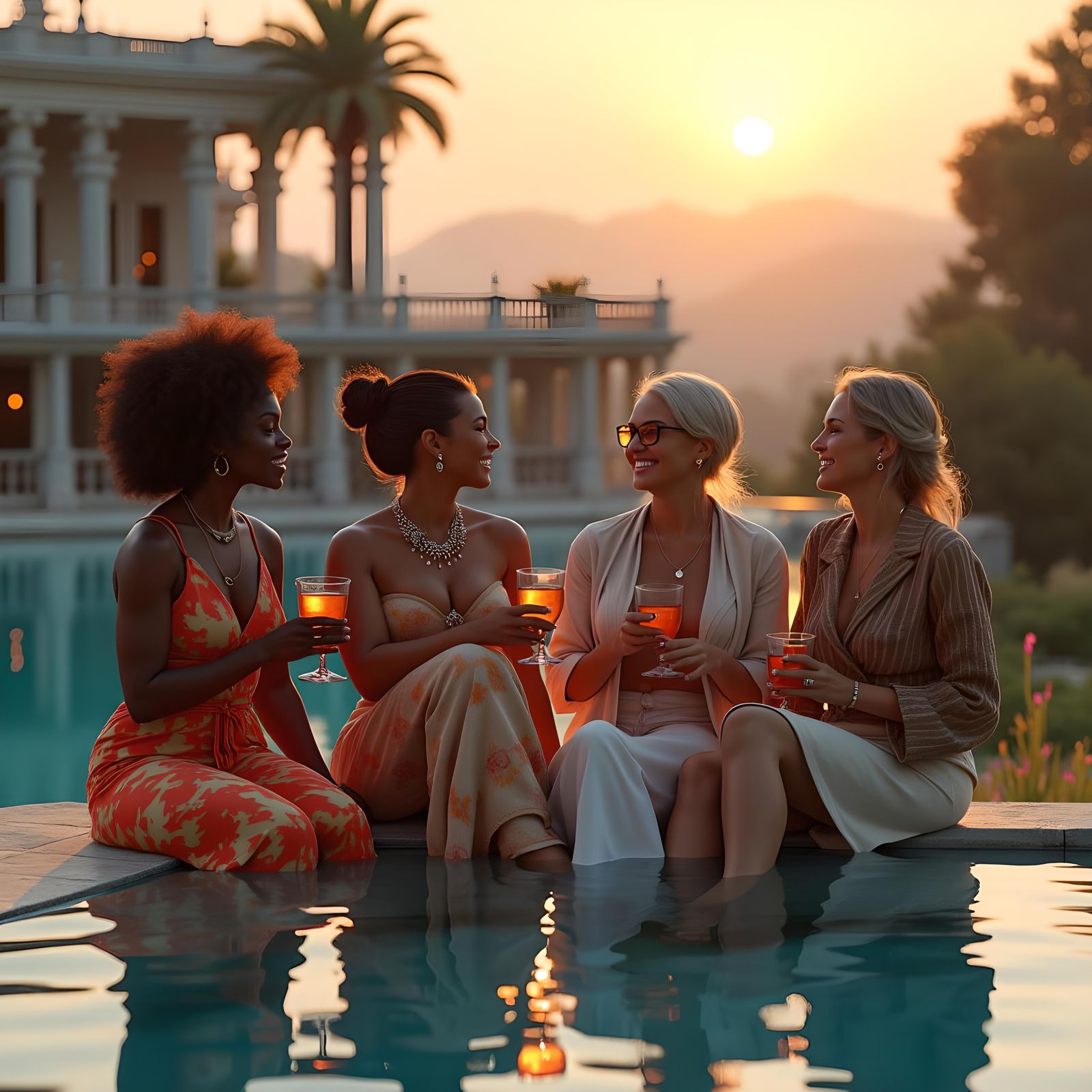 Healing Friendship: Women by the Pool at Sunset