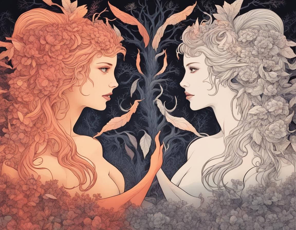 Lilith and Eve in Eden Garden at Sunset
