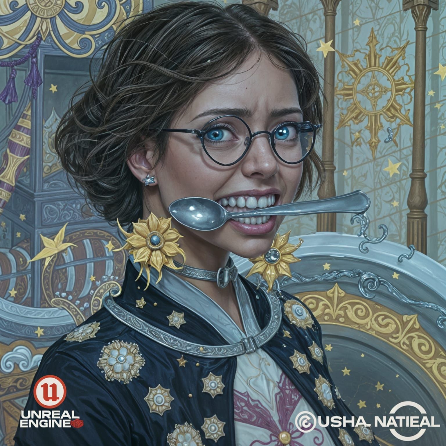 A Woman Overwhelmed by a Giant Spoon in a Vibrant Dreamscape