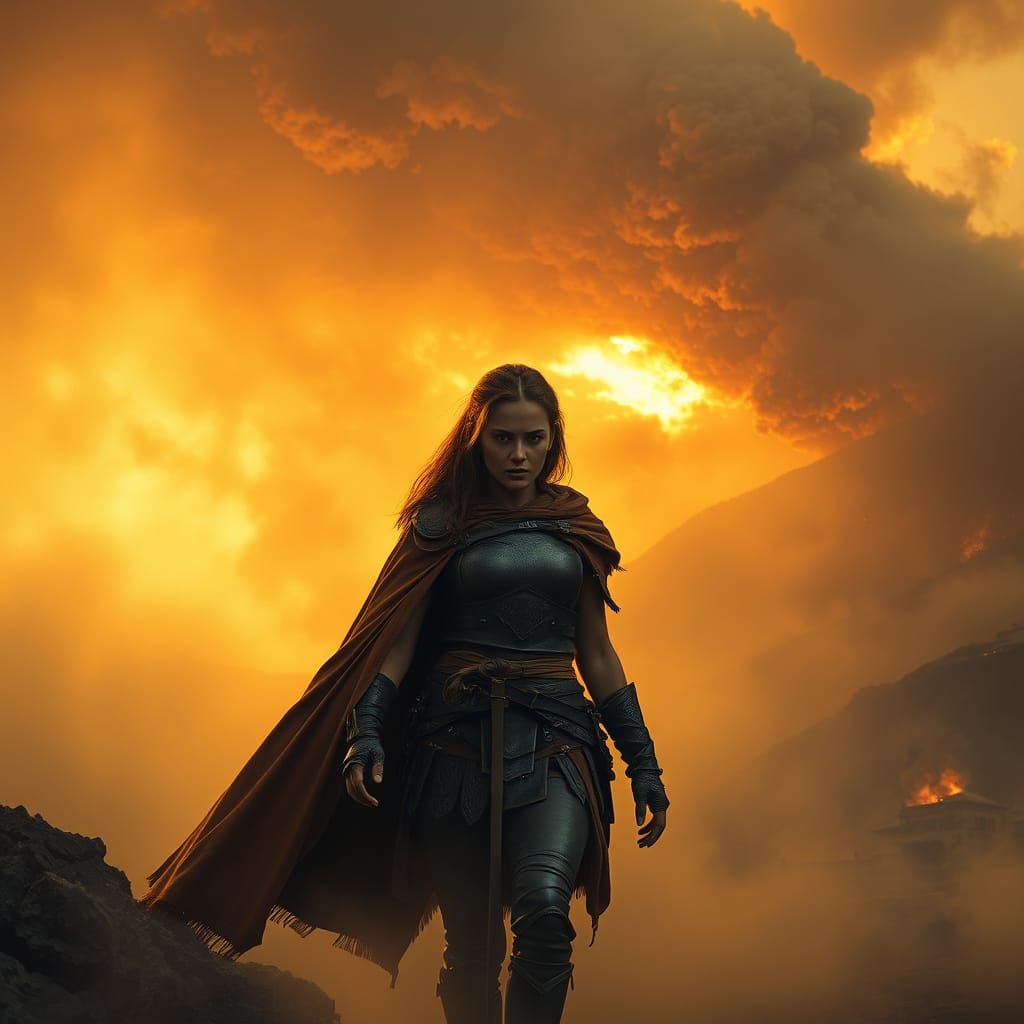 Lone Woman Emerges from Volcanic Mist