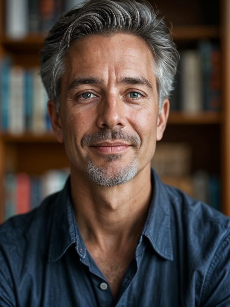 Distinguished Author Portrait with Bookshelf Background