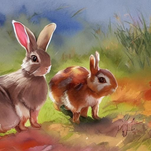 Rabbits in Gouache Style, Impressionist Masterpiece