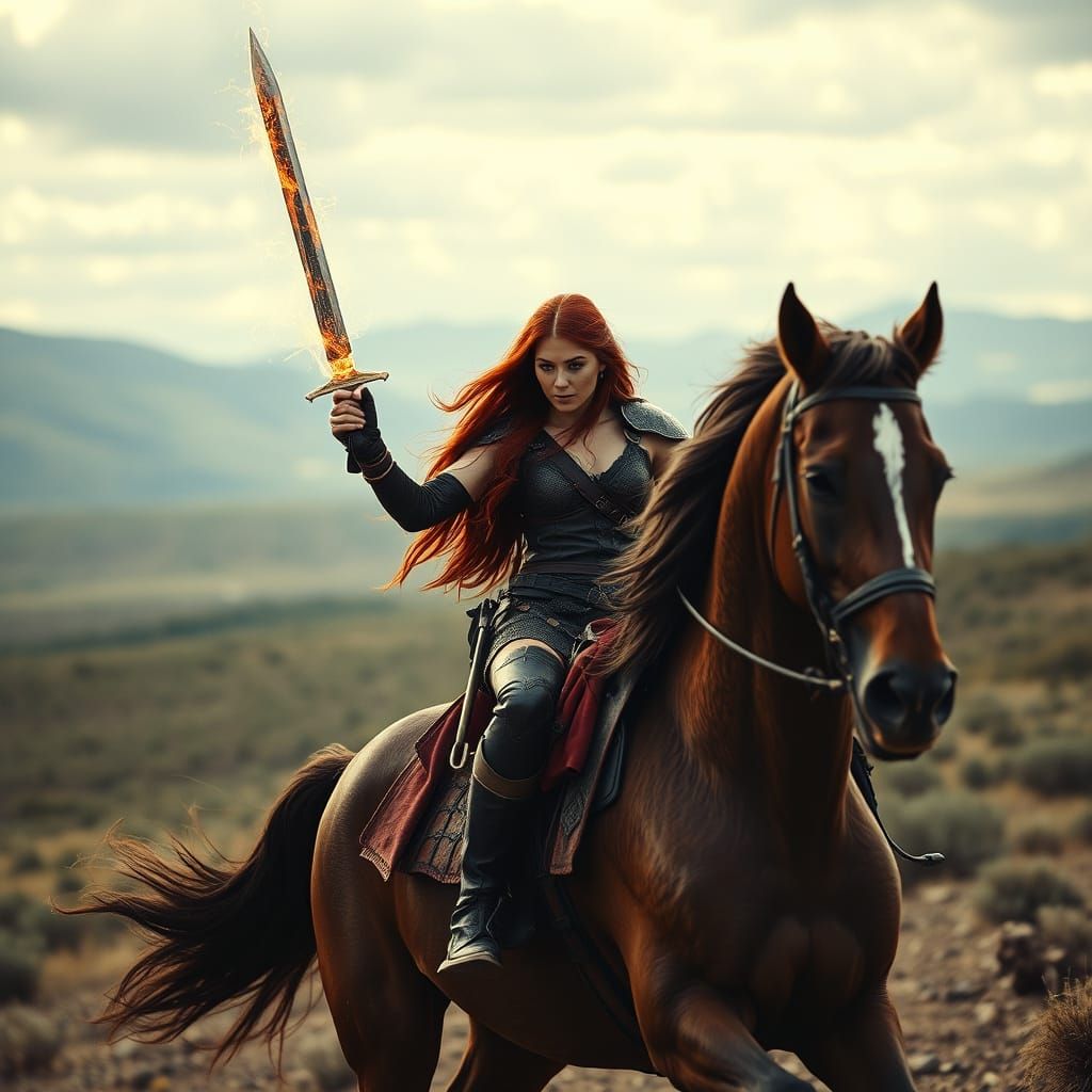 Red Sonja Rides a Rivian Horse with Tesla Sword