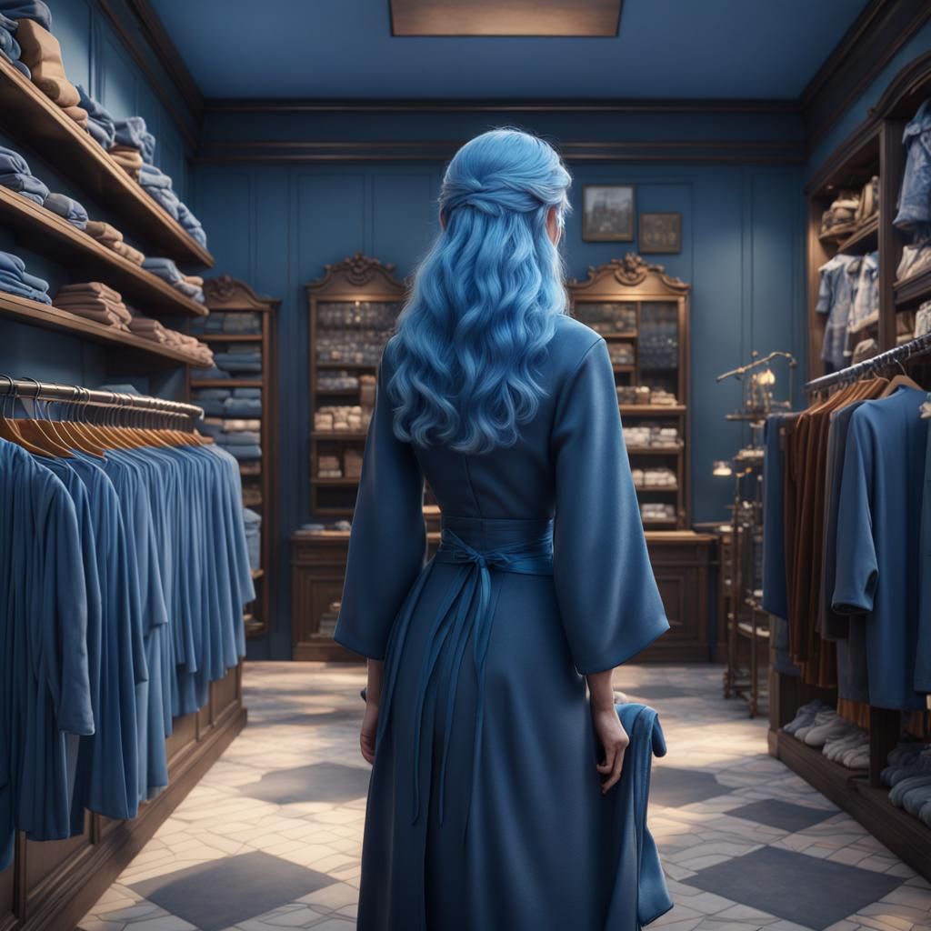 Blue Clothing Store with Blue-Haired Cashier