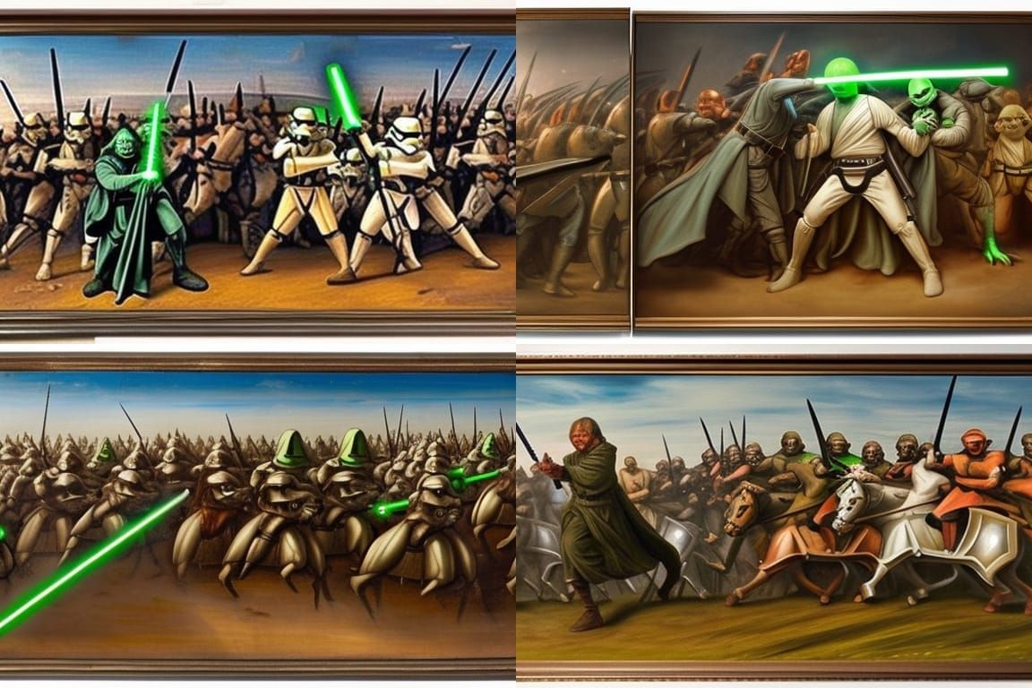 Yoda in Medieval Battle with Lightsaber, Oil Painting