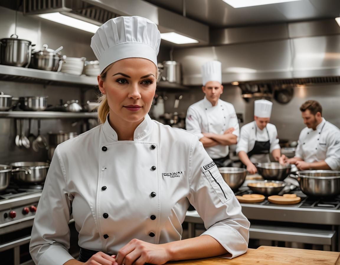 Female Head Chef in Latex in Professional Kitchen