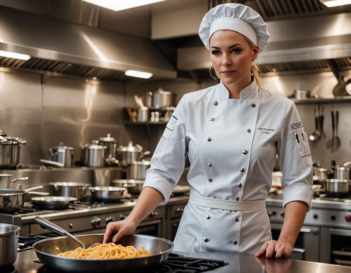 Female Chef in Latex Outfit in Professional Kitchen