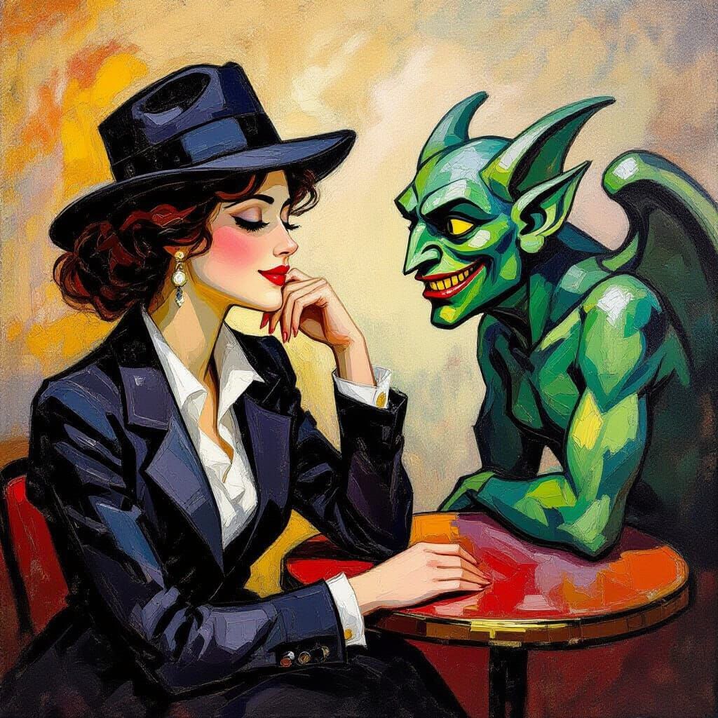 Woman and Gargoyle at Moulin Rouge as Impasto Painting