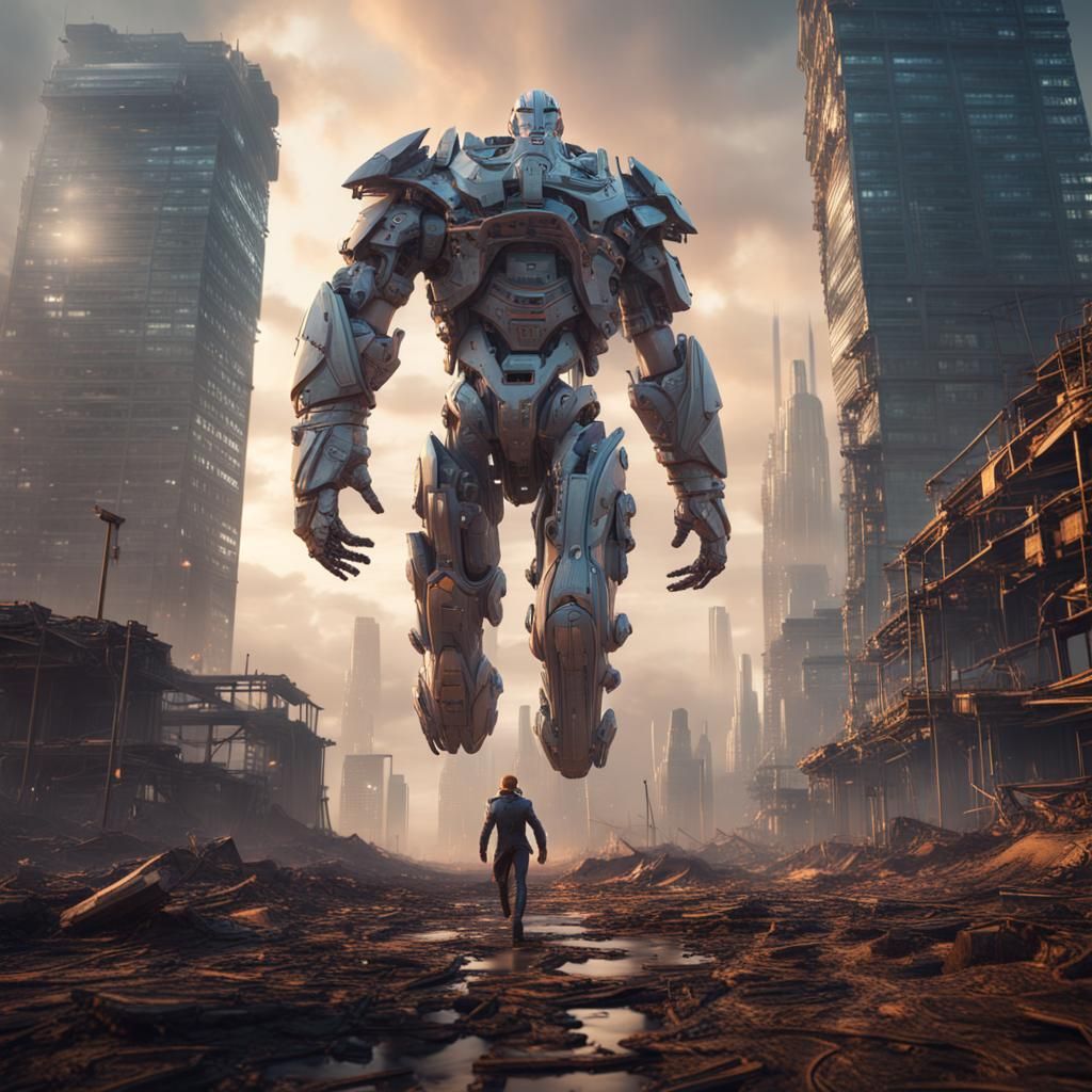 Skyscraper Humanoid Titan Striding Across Landscape