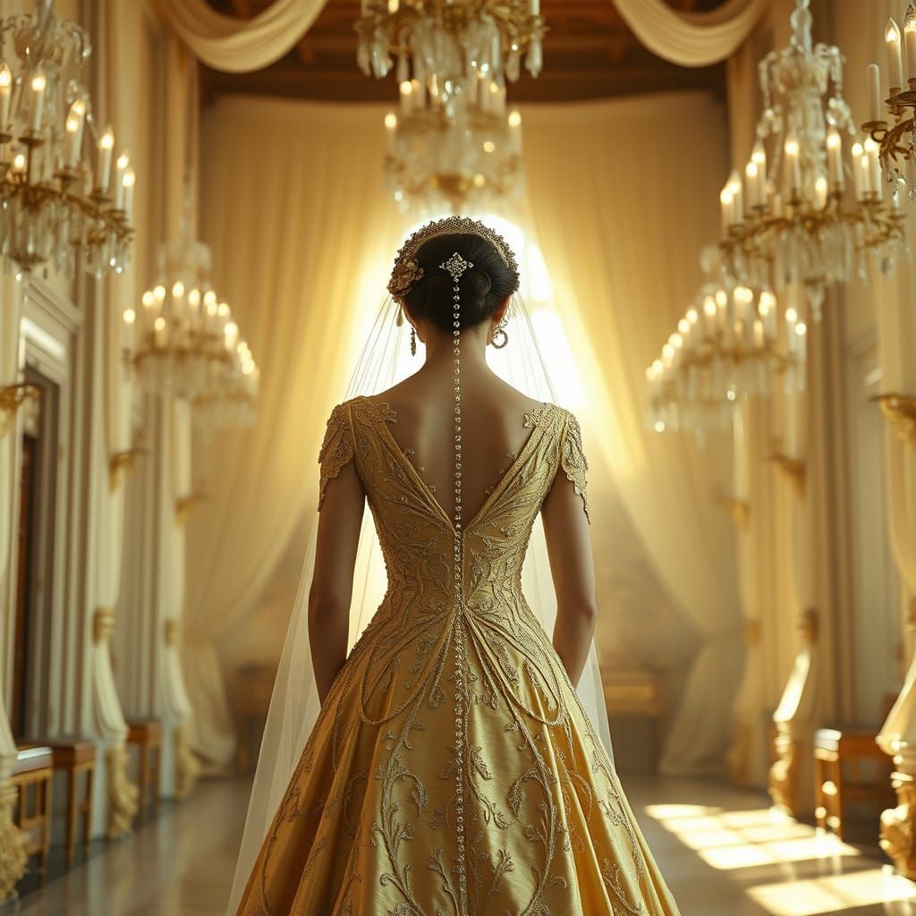 Bride in Golden Gown in Sunlit Hall, Cinematic Film Still
