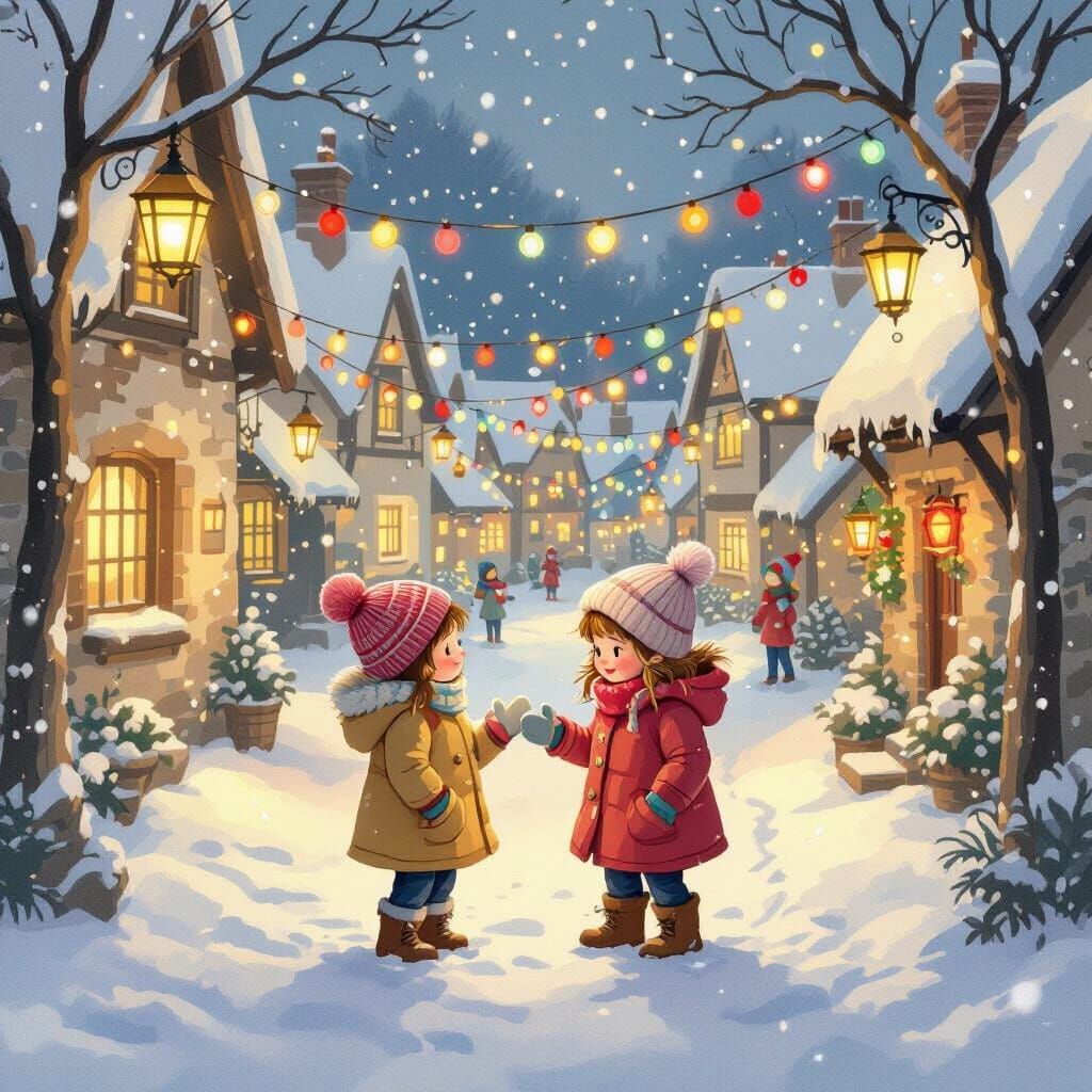 Children Playing in Snowy Village, Classic Illustration Styl...