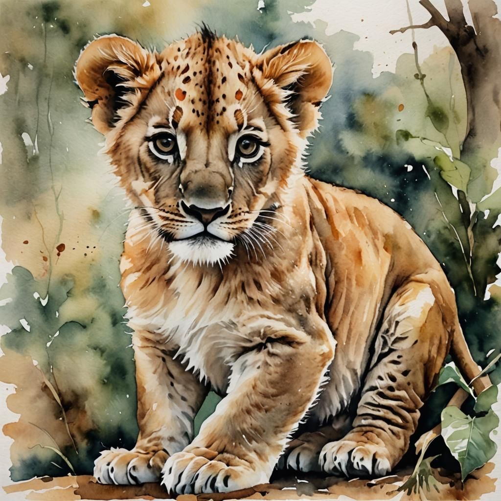 Watercolor Painting of Adorable Baby Lion Cub