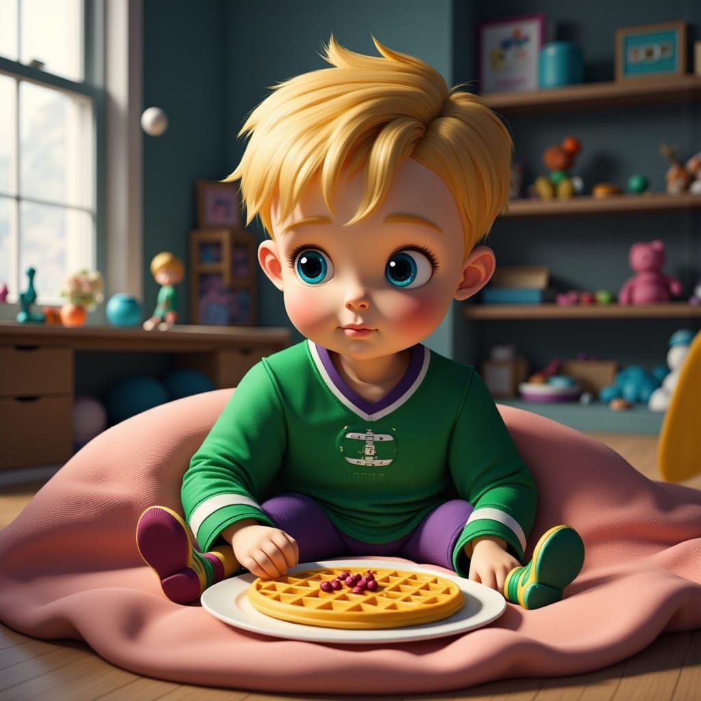 Cheerful Young Hockey Fan Enjoying Waffles in Bed