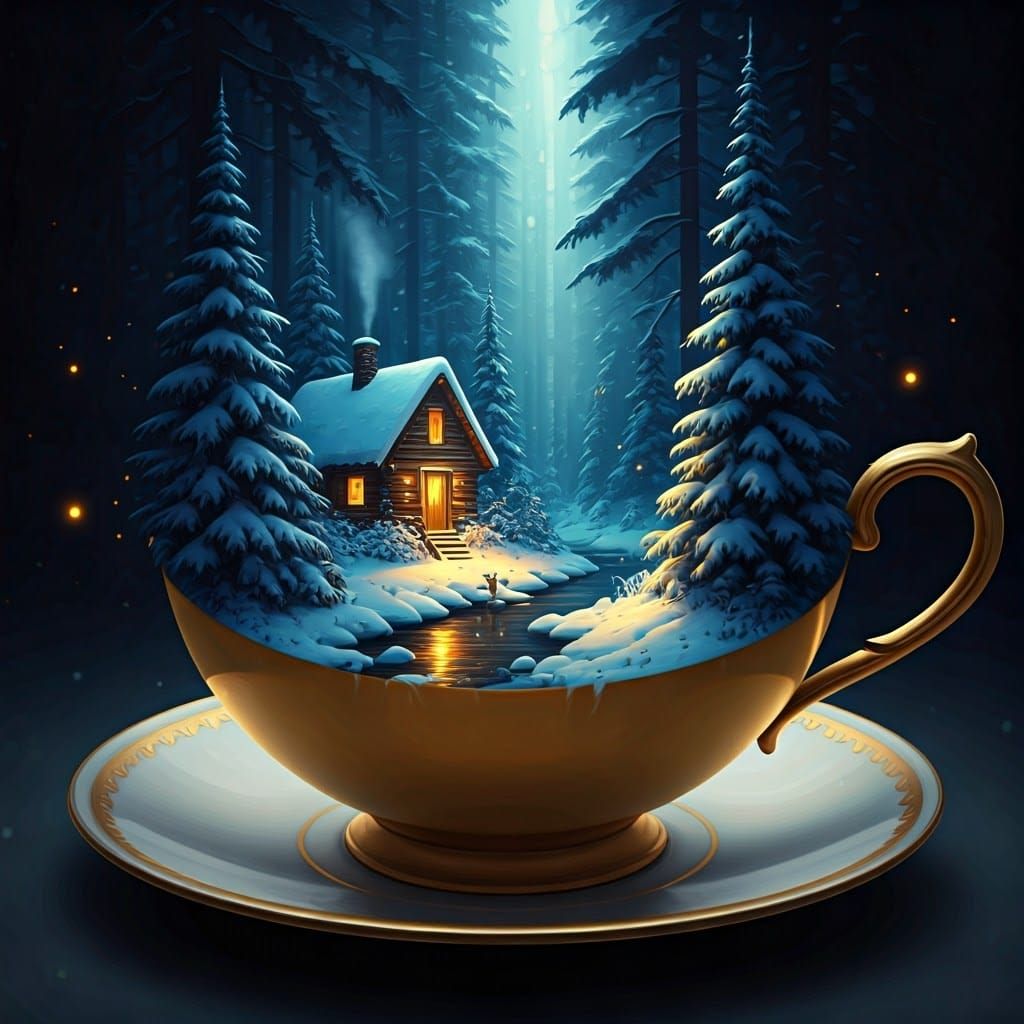 Winter Cabin in Teacup: Fantasy Digital Illustration