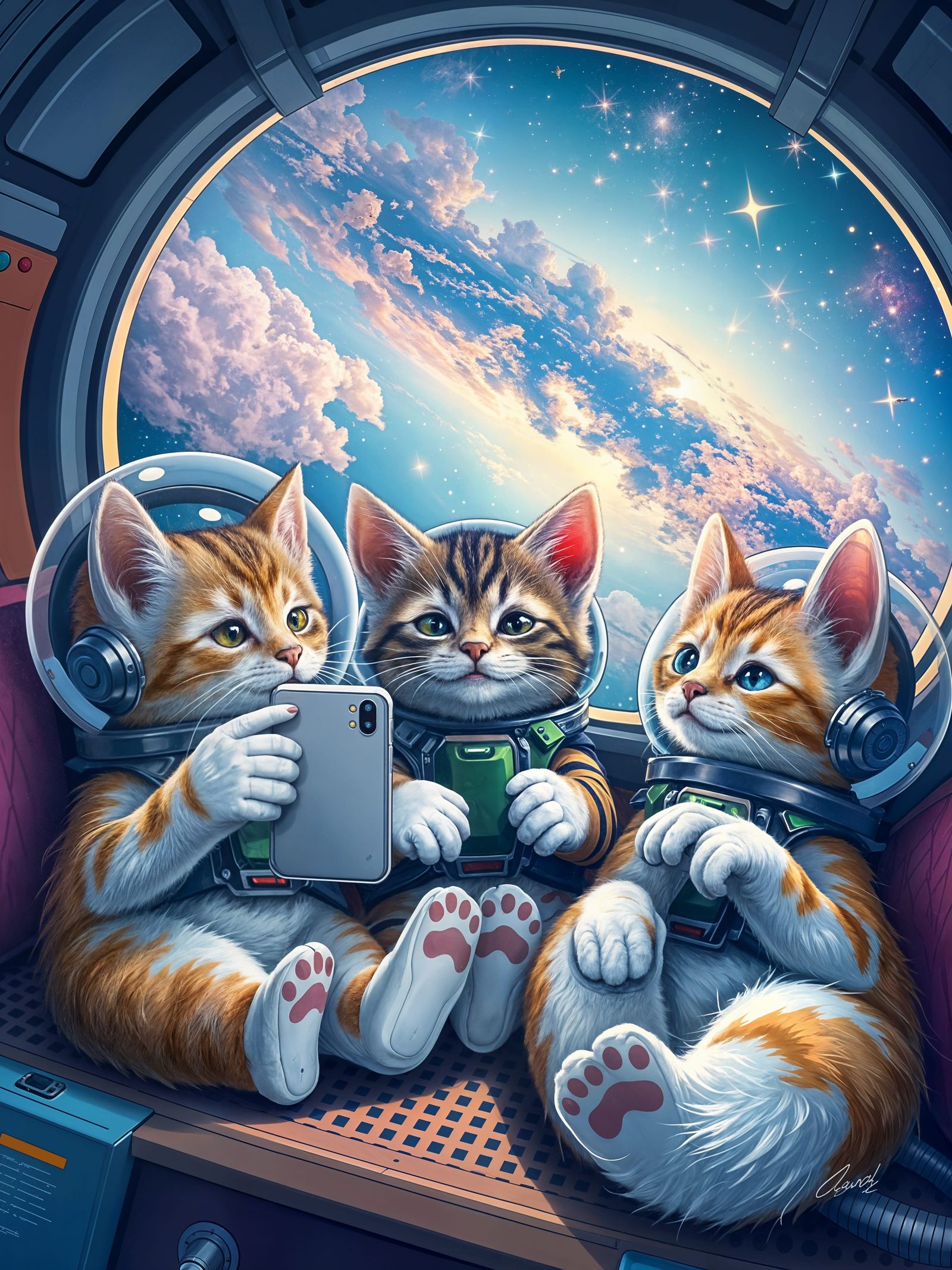 Futuristic Kittens Enjoy Lunar Vacation in Vibrant Spaceship
