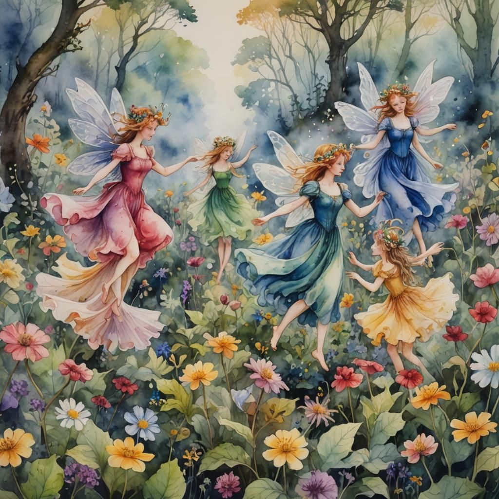 Fairies Dancing on Flowers in Watercolour