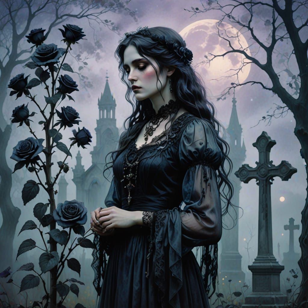 Goth Woman in Misty Graveyard with Black Roses