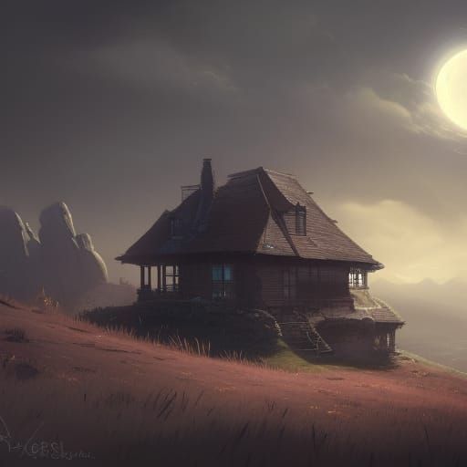 Lonely House on Grassy Cliff in Moonlight