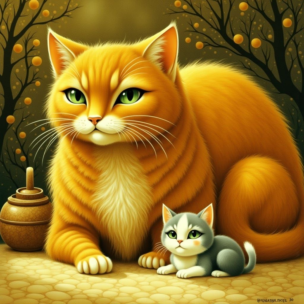 Giant Orange Cat and Kitten, Painterly Style