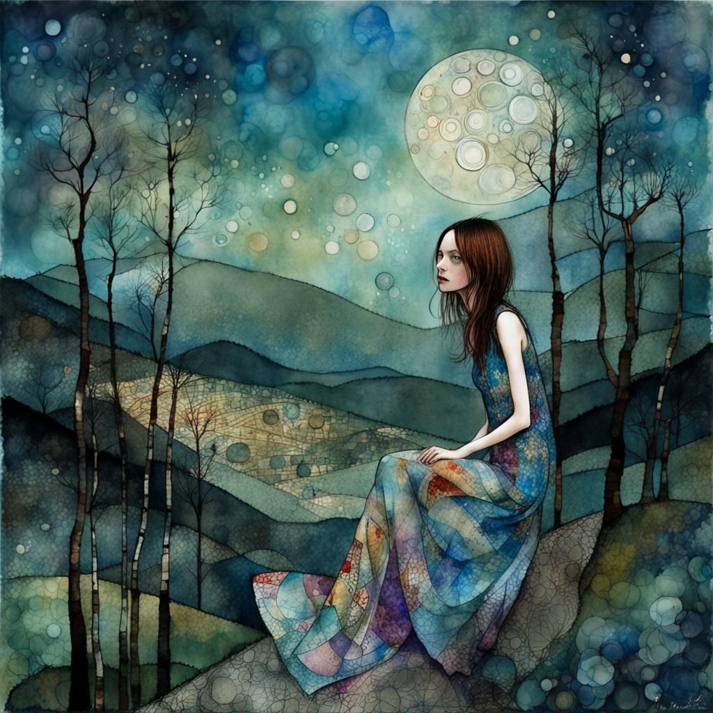 Girl on Hill in Art Brut Style