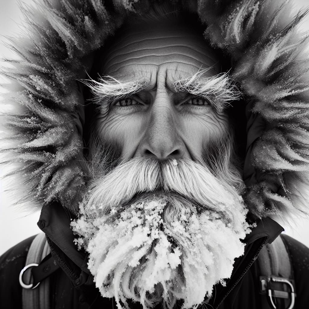 Elderly Explorer Portrait in Blizzard, Black and White Photo...