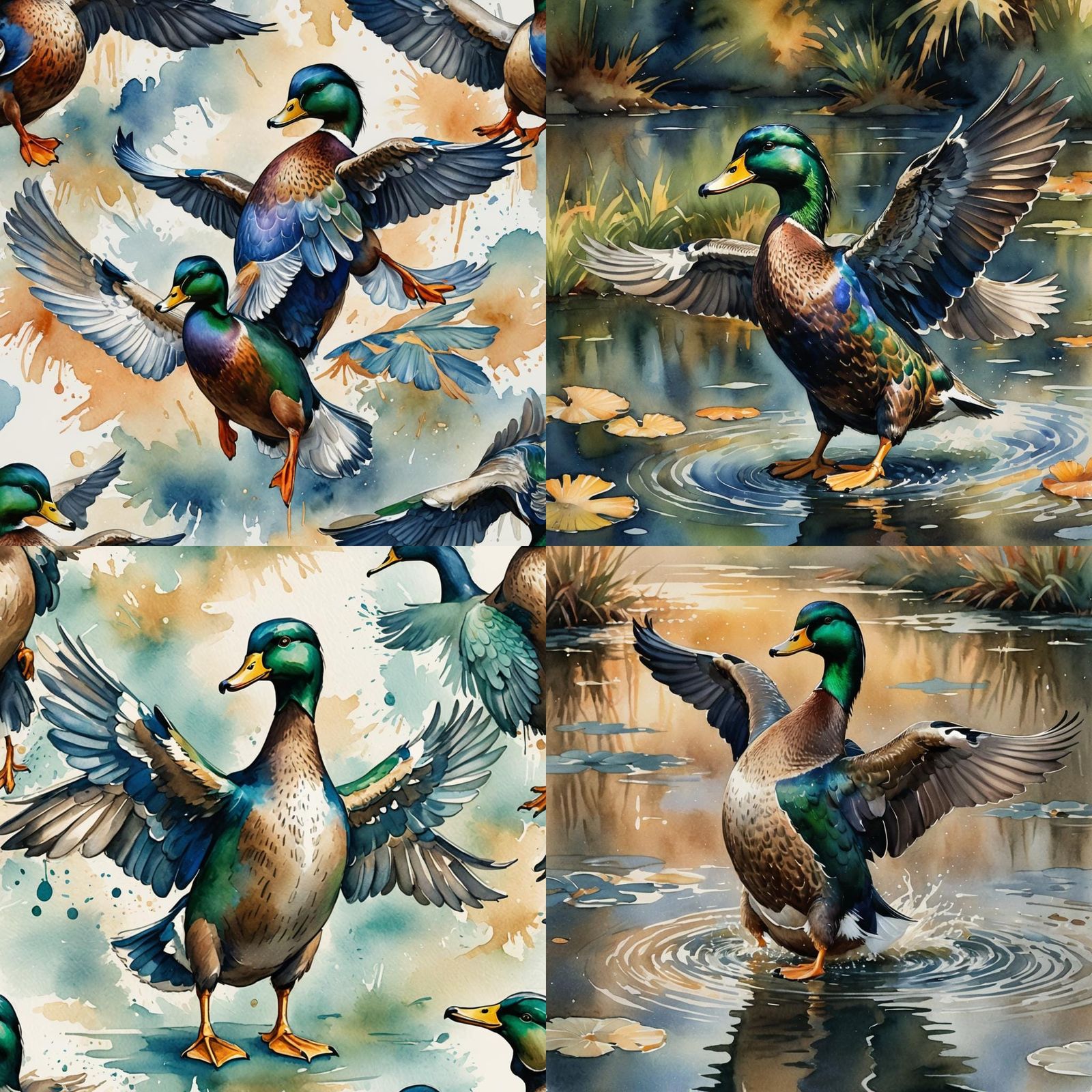 Muscular Mallard Duck Flexing in Watercolor Style