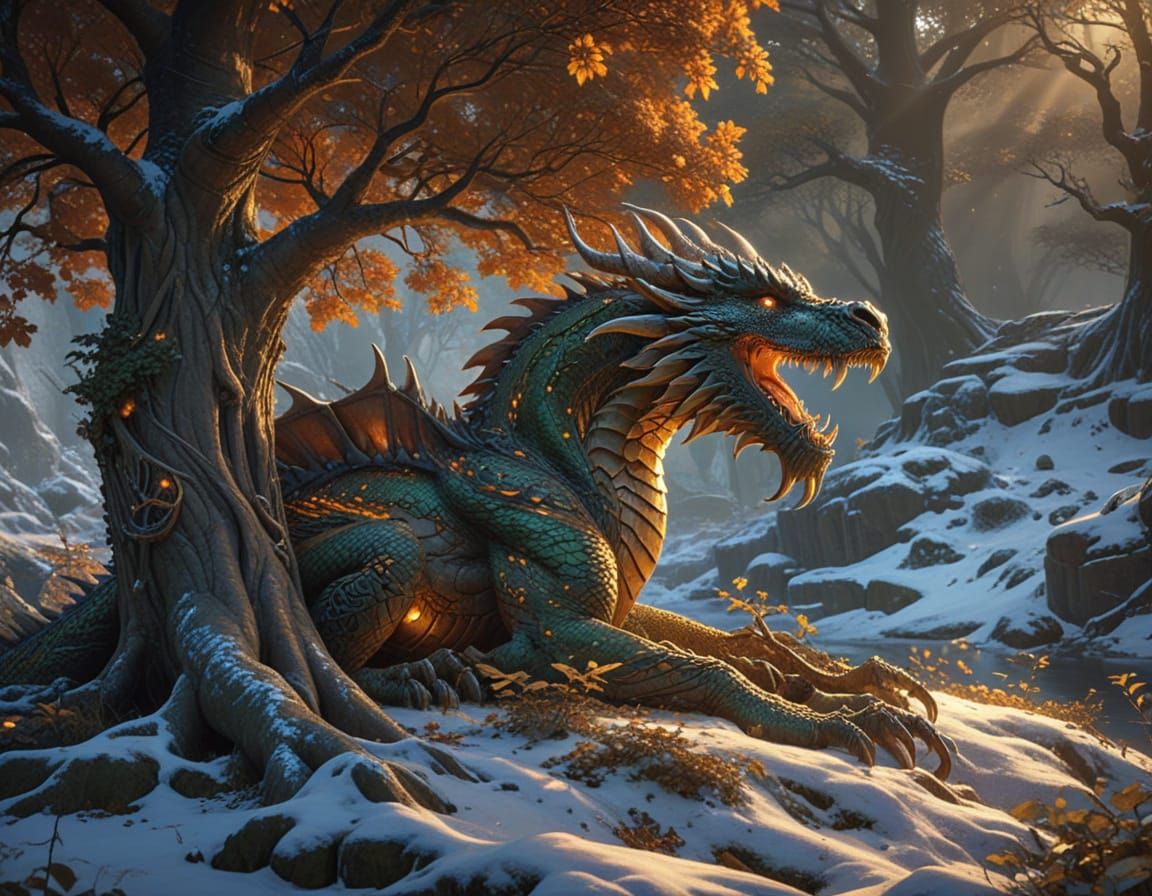 Majestic Dragon Under the Golden Tree of Life