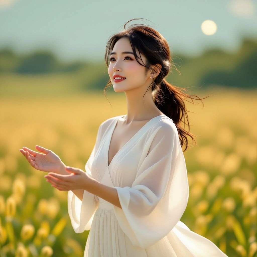 Serene Woman Singing in a Surreal Pop Art Landscape