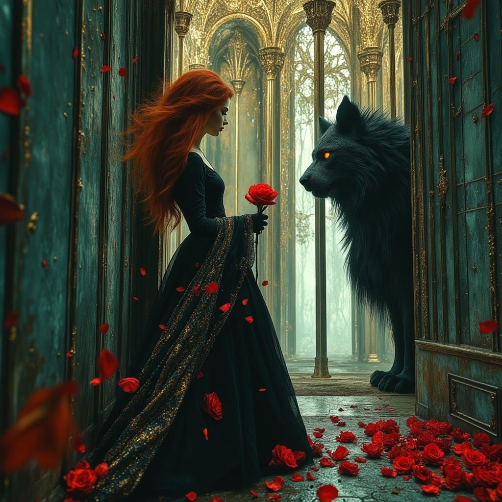 Woman, Rose, and Beast Before Glass Lintel