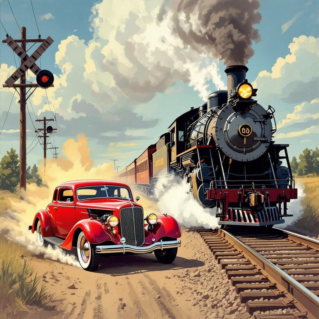 Vintage Hot Rod Races Train in Pulp Art Style