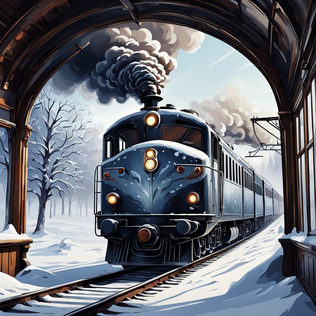 Atmospheric Train in Snowy Landscape Digital Painting