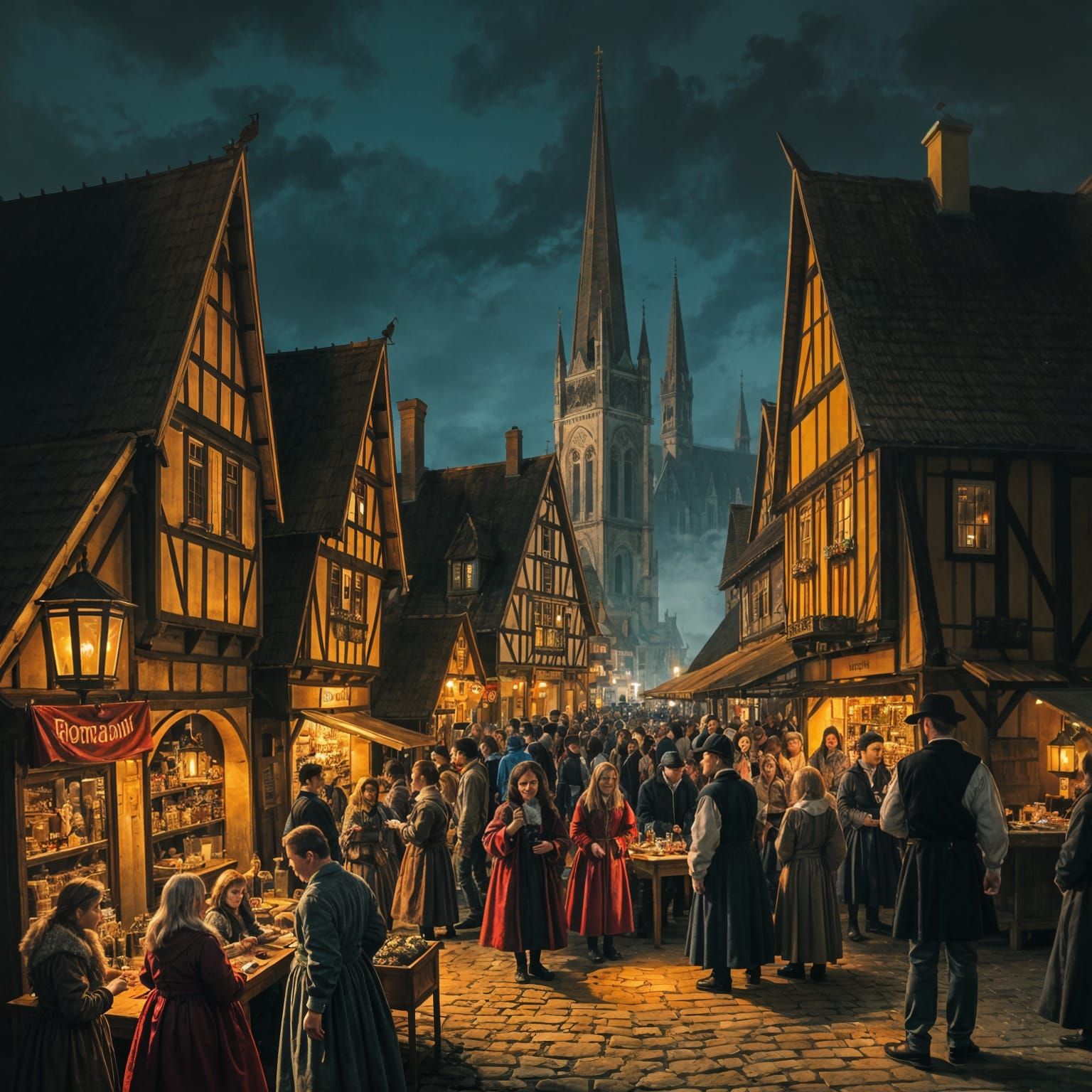Medieval Night Market Scene
