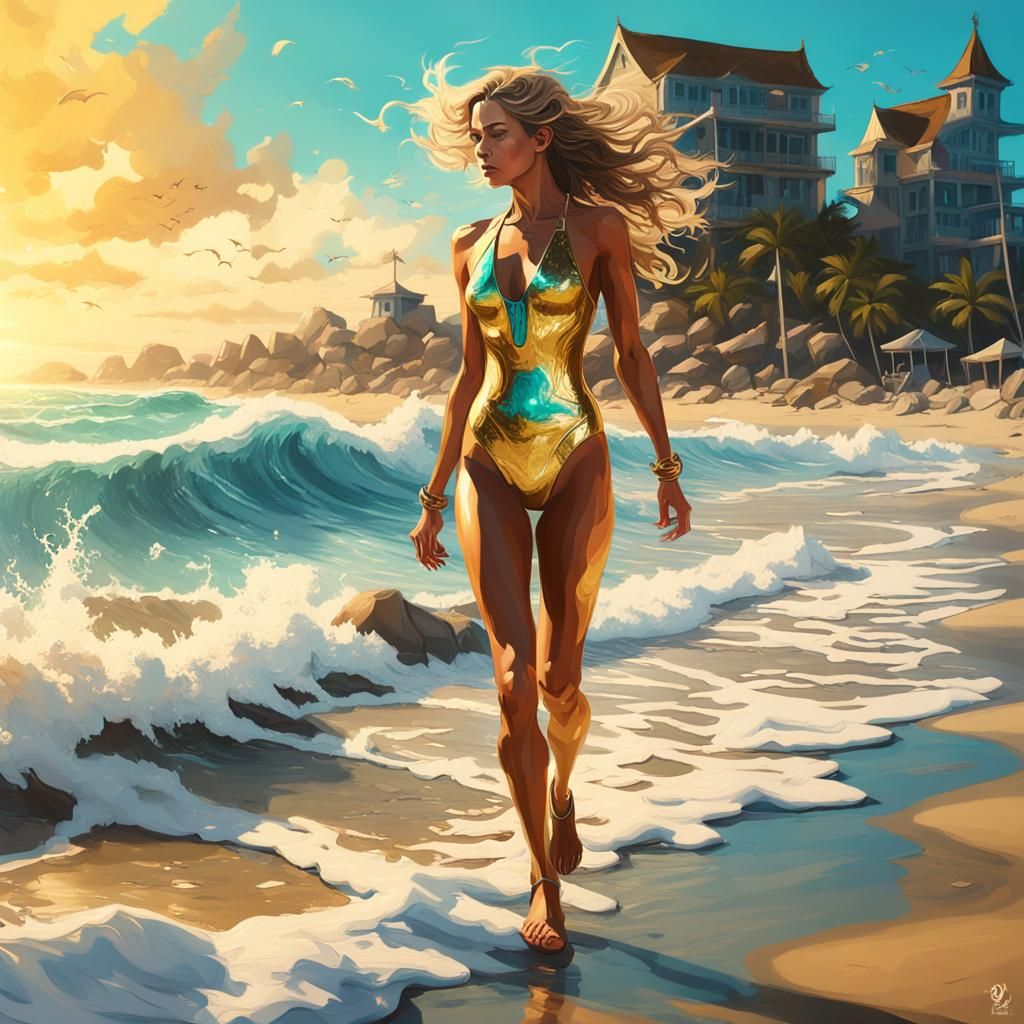 Golden Monokini on Beach: Opulent Fantasy Art