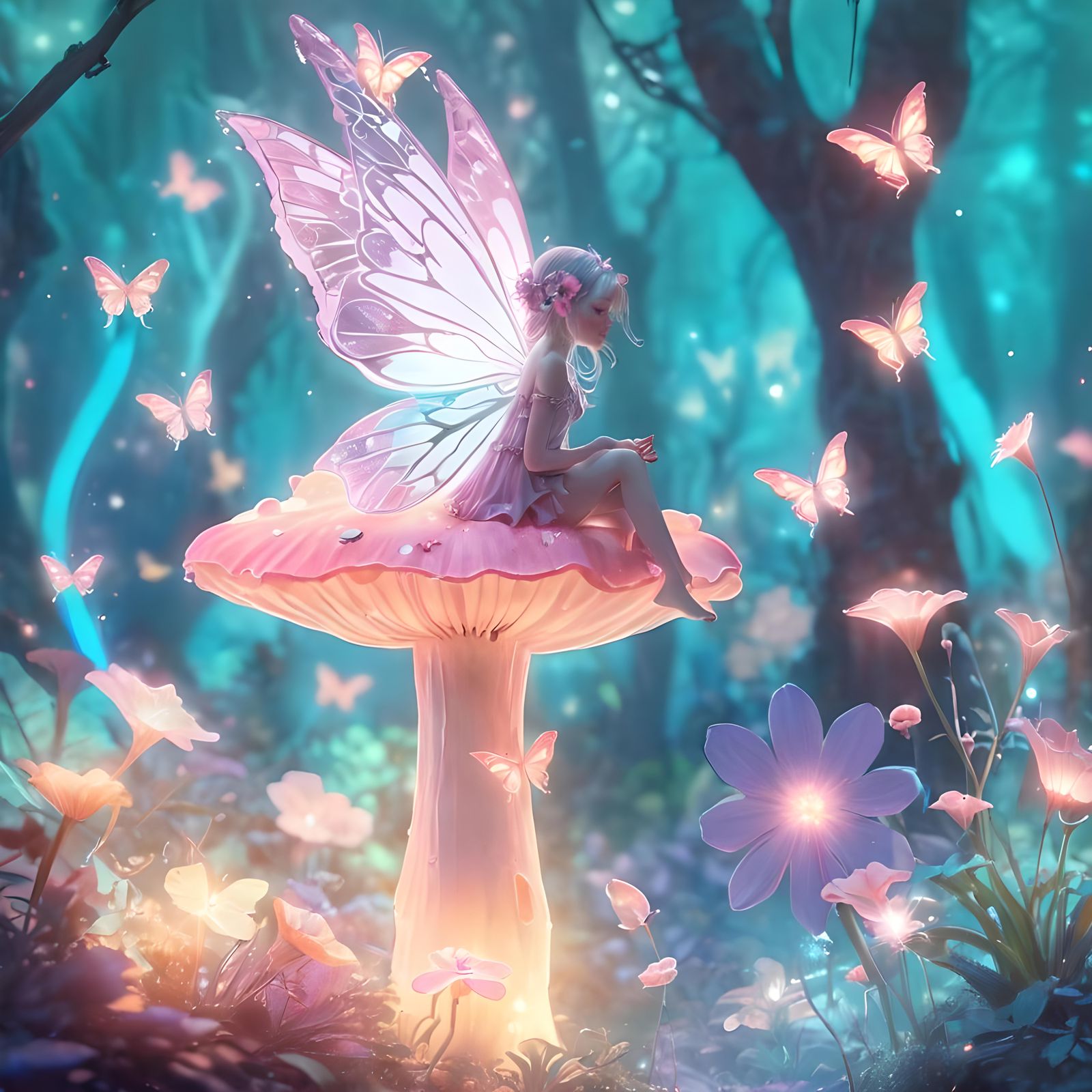 Glowing Fairy on Magical Mushroom in Pastel Forest