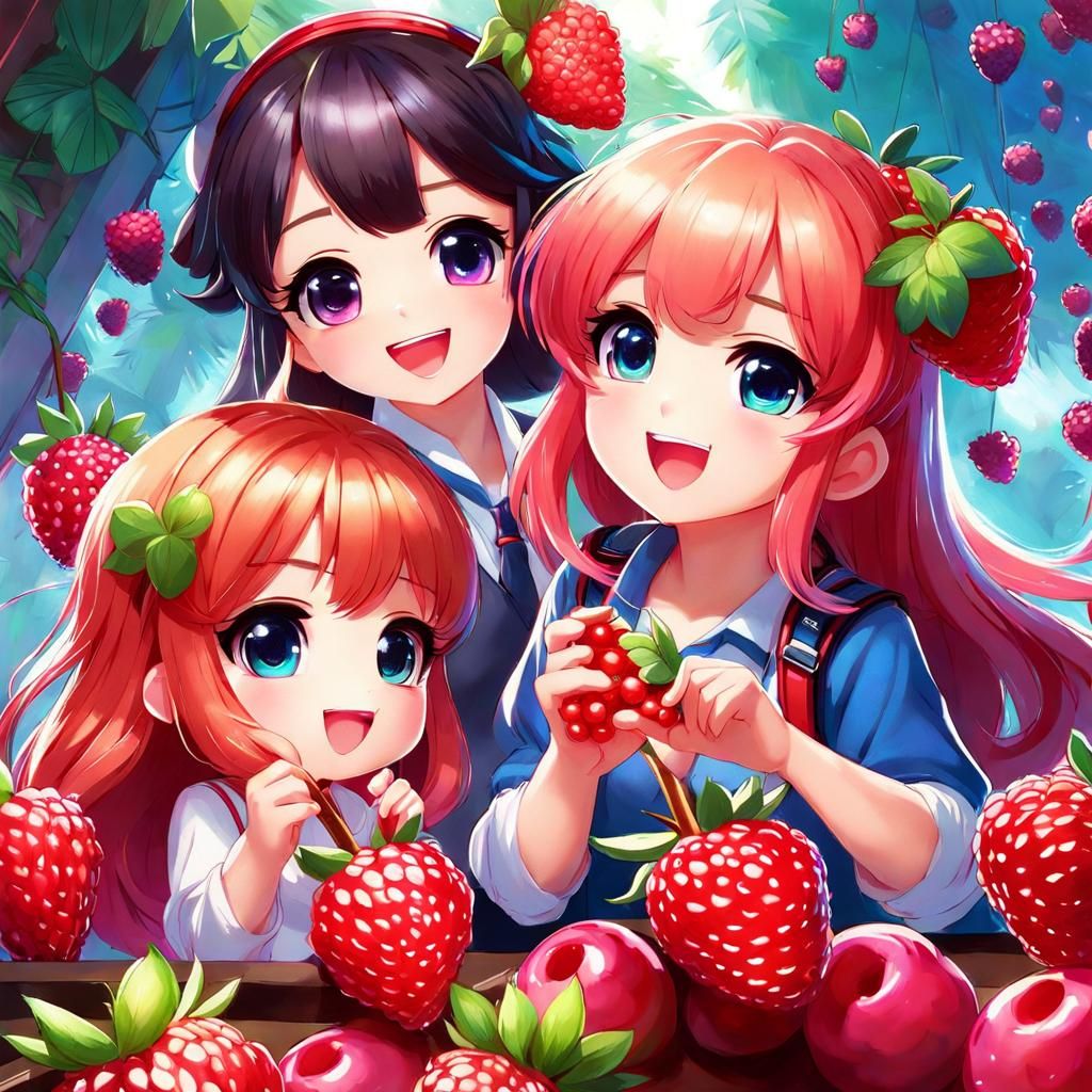 Anime Style Mice Pick Strawberry Together