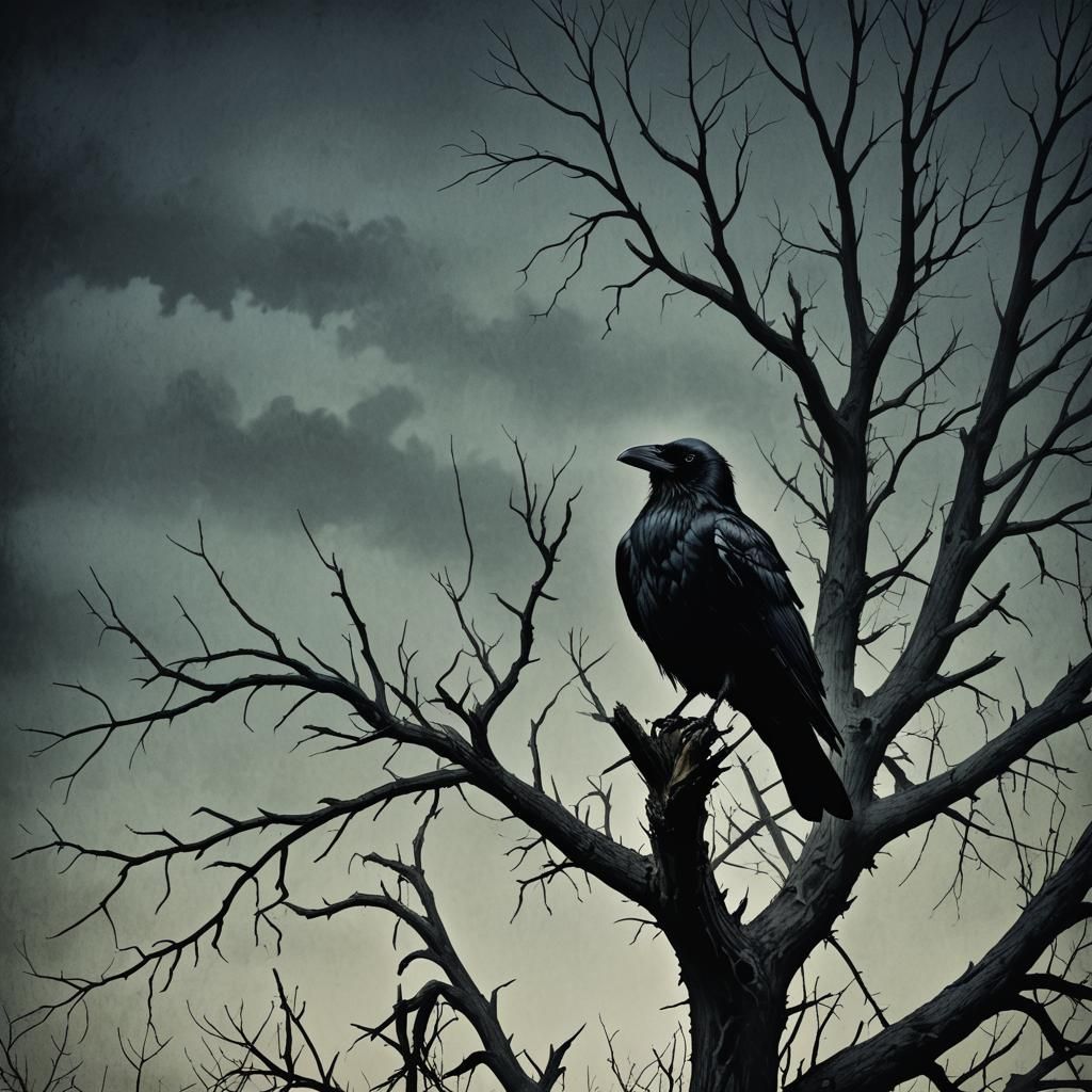 Eerie Crow Perched Atop Dead Tree