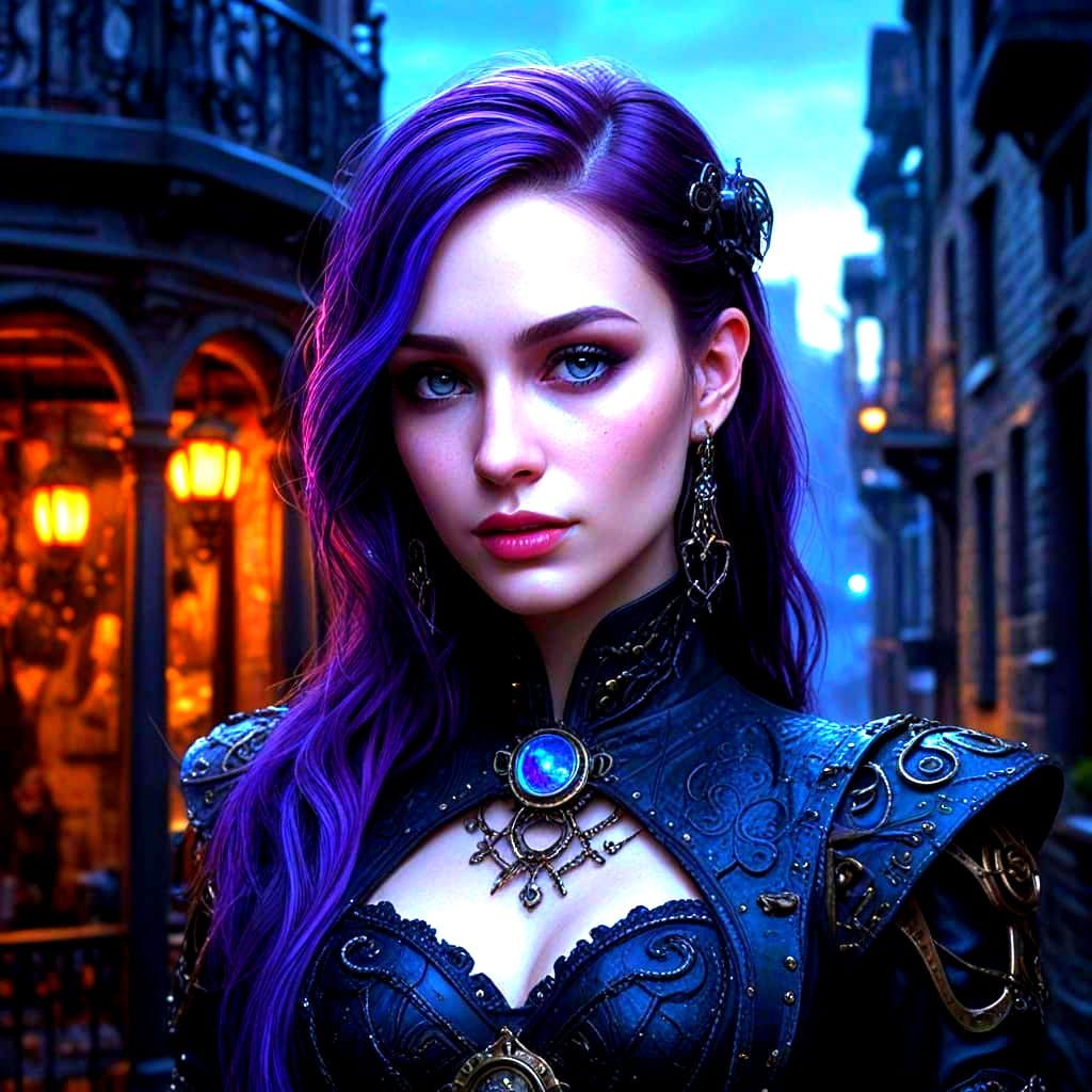 Gothic Woman Overlooking Steampunk City in Noir Style
